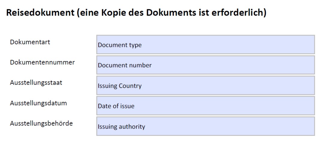 Screenshot des deutschen Formulars mit englischer Übersetzung