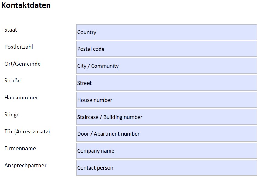 Screenshot des deutschen Formulars mit englischer Übersetzung