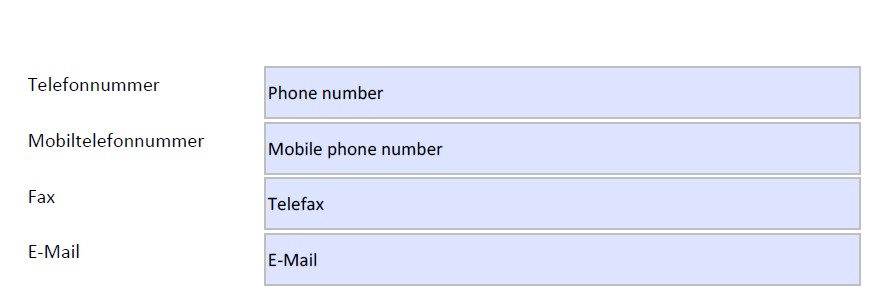 Screenshot des deutschen Formulars mit englischer Übersetzung